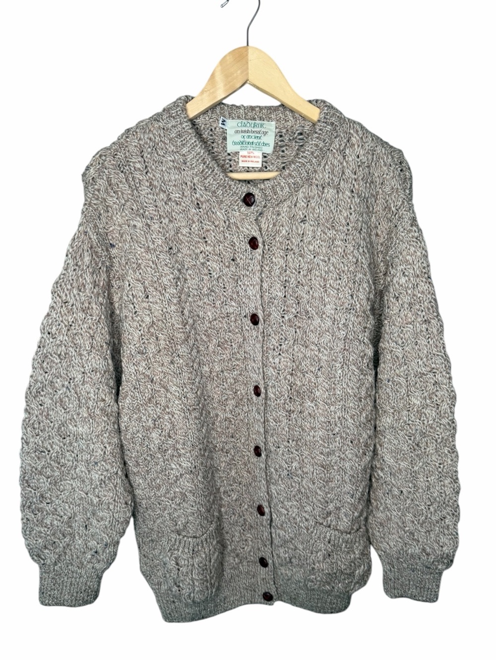 Cladyknit Vintage Aran Pure New Wool Made in Ireland Speckled Fisherman Cardigan